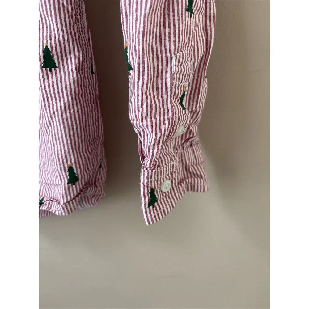 Boys Christmas Tree Button Up Shirt Size 7/8 Red Striped Poplin Long Sleeve